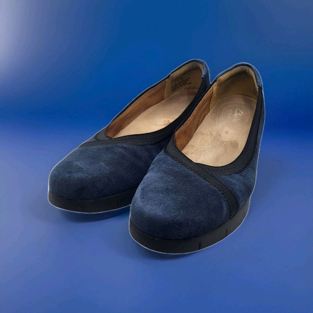Clarks Artisan Womens Sz8 Navy Blue Microsuede Daelyn Hill Slip On Wedge Loafers